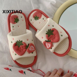 Xixitiao mùa xuân và mùa thu Ngọt Ngào Dâu Tây đế mềm Bốn Mùa Bông Dép Đi Trong Nhà Trái Tim Cô Gái Bông Dép Linen Phẳng Cho Phụ Nữ