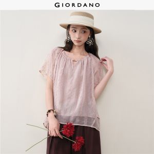 Giordano Women Washed embroidered chiffon short sleeve blouse Free Shipping 18346807
