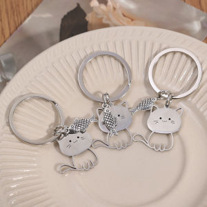 【♡Lovely girls house♡】Cute Cartoon Little Cat and Fish Stainless Steel Toy Keychain Bag Pendant Key Holder
