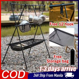 Camping Hanging Rack Foldable Outdoor Storage Rack with Hooks Multifunction Tableware Tripod Storage Shelf With Drying Net Portable Picnic Cookware Camping Rack Organizer Free Storage Bag