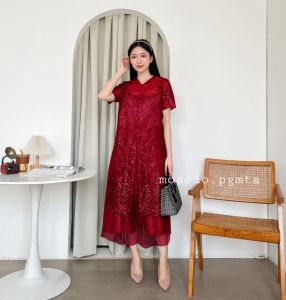 Dress Leticia 2in1 Dress Brukat Wanita Dress Natal Kekinian Dress Brukat Mewah Fashion Wanita COD