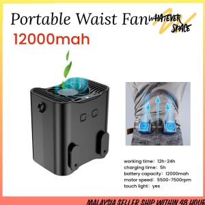 Portable Waist Clip Fan/Necklace Fan 12000MAH over 24H Long Working Time Strong Airflow Cooling Fan Hand Free Fan