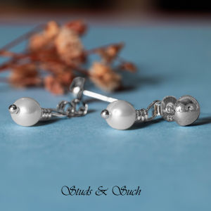 [Studs & Such] 925 Silver Simple Round Stud Earrings With Dangling Freshwater Pearl