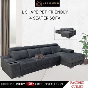 GR Furniture 10 Feet Pet Friendly Fabric Family L Shape Sofa With Storage Box And Mini Stool For Living Room