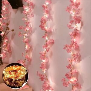 180CM Pink Cherry Blossom String Light LED Garland Artificial Flower Garland Vines Fairy Lights For Bedroom Wedding Party Decoration