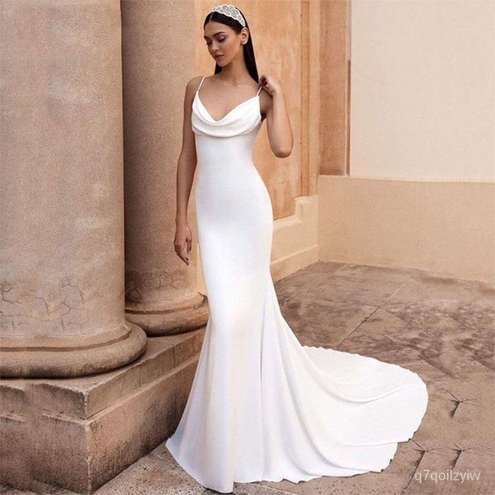 Simple Mermaid Wedding Dress White Satin Cowl Neck Sexy Spaghetti Strap ...
