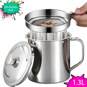 Stainless Steel Portable Storage/filter Container 1.3LStainless Steel Handle with Cover Grease Filter High Temperature Resistance Strainer Oil Bottle with Lid Easy to Clean Grease Residue Separator