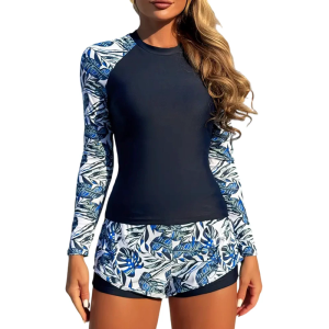 Womens Floral Print Tankini Swimsuits Two Pcs Bathing Suit Long Sleeves Swimwear with Shorts for Vacation Beachwear