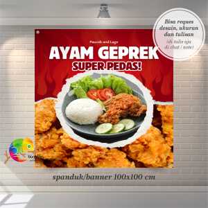Cetak Spanduk Banner Merah & Putih Minimalis Promosi Makanan Ayam Geprek