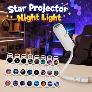Tulip Home Furnishings Store Star Projector Night Light 17 Replaceable Films Usb Plug Play Portable Moon Nebula Lamp Bedroom Atmosphere Decorative Light For Kids Room Party
