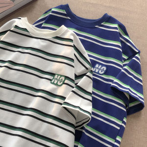 2024 New Summer Color Matching Striped Round Neck Short Sleeve Womens Large T-shirt Casual Loose Womens Top