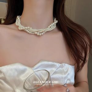 Dây chuyền ngọc trai nhiều lớp thanh lịch dành cho nữ vòng cổ ôm sát thời trang mang nét quyến rũ cổ điển và thiết kế lộng lẫy