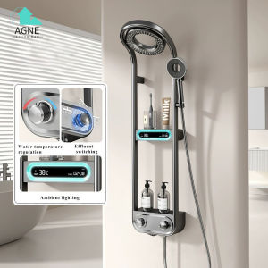 All-copper thermostatic shower set with smart digital display pressure-boosting function and storage shelf.