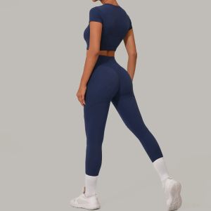 Gym Workout Yoga Fitness Sports Suit Short-sleeved Top Padded-free High-waisted Hip-lifting Trousers Outdoors Leisure Sportswear2026