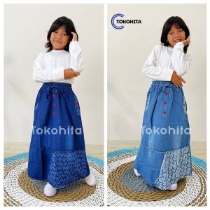 Rok Jeans Anak Kombinasi Sablon Bunga Usia 4-14 Tahun