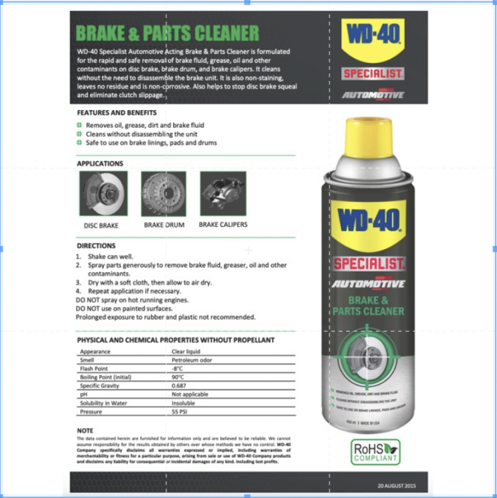 WD40 SPECIALIST AUTOMOTIVE BRAKE & PARTS CLEANER 450ML Lazada