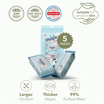 Moori 20pcs Sensitive Wet Wipes (20s/pack) 99% Water Baby Friendly