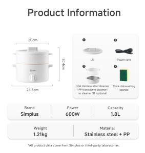 Simplus 1.8L Electric Cooker 600W Power Stainless Steel Steamer Titanium Ceramic Coating Multi Cooker DZGH013