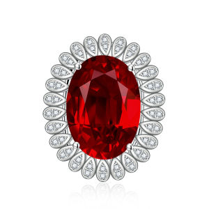 ASIXGOLD S925 Sterling Silver Oval Red Tourmaline Adjustable Ring - Emerald Cluster Set with Zircon