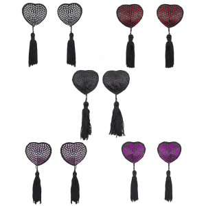 Rhinestones Heart Shape Nipple Covers Pasties with Tassels Rave Party Reusable Sticky Bra Petals Stickers Pads for Women