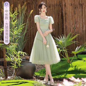 ☄Short Sleeves Bridesmaid Dresses Sage Green Forest Style Midi Wedding Bridesmaid Gown Summer Prom Dress Girl Graduation Evening Dress