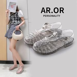 [Free Shipping] New Crystal Roman Sandals Perforated Shoes For Spring And Summer Flat Hollow Sandals Jelly Roman Shoes Closed-Toe WomenS Sandals