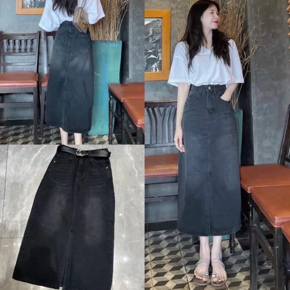 Chân váy jean đen dáng dài chỉ nổi ulzzang, Váy bò midi dài qua gối cạp  chun phong cách Hàn Quốc | Shopee Việt Nam