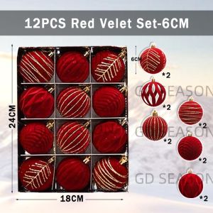 6/12PCS Christmas Balls 6/8CM Red Velvet Christmas Tree Ornament Christmas Ball Set For Decoration