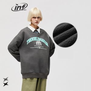 INFLATION brand 2023 autumn new men preppy style 400g polar fleece old cracked English print retro popular round boy neck sweater