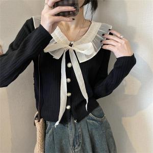 Dahong C150 เสื้อกันหนาว เสื้อคาร์ดิแกน แขนยาว คอวี ประดับโบว์ สีพื้น ทรงสลิมฟิต สําหรับผู้หญิง