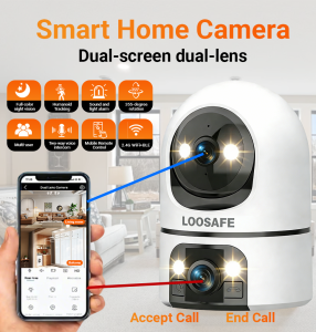 Camera WiFi Trong Nhà 2 Mắt Siêu Nét Giám Sát 2 Màn Hình Cùng Lúc Xoay 360 Độ Đàm Thoại 2 Chiều Báo Động Thông Minh App O-KAM Pro Thích Hợp Cho Văn Phòng/Phòng Khách