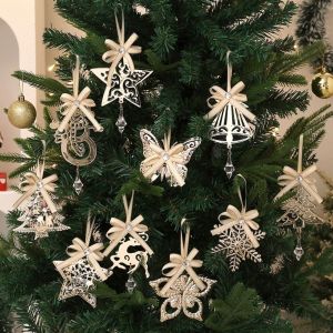 DGFDF Ribbon Bowknot Metal Christmas Ornaments Tinplate Material Crystal Drop Tinplate Star Snowflake Festival Metal Crafts With Lanyards Holiday Hanging Decor Family Homes