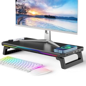 LONGB with RGB Light PC Monitor Stand Type-C 3 USB 2.0 Ports Laptop Monitor Holder Universal Ergonomic Laptop Storage Rack