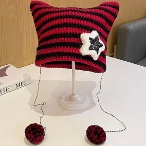 Y2K Cute Star Devil Knitted Beanies Hat with Pompom Ins Style Striped Knitting Wool Hats Autumn Winter Cat Ears Pullover Hats for Women Girls