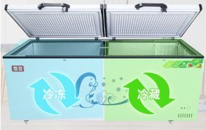 Commercial Glass Top Double Door Chest Freezer Peti Beku Cermin Horizontal Cabinet Sea Food Frozen Beverage Refrigerator