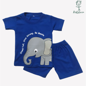 Setelan Kaos Anak dan Celana Pendek Anak Laki Laki Perempuan Usia 1-6 Tahun Hewan Gajah Warna Biru