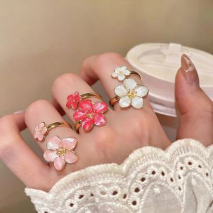 LUSIT Adjustable Open Women Peach Blossom Ring Metal Oil-dripping Flower Design Flower-shaped Ring Lightweight Jewelry Ring Birthday Gift