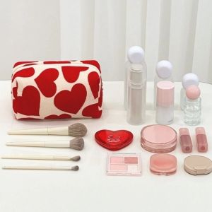 STARGOODS Vải nhung Túi trang điểm họa tiết tình yêu Khóa kéo Dung lượng lớn Túi đựng đồ vệ sinh cá nhân Di động Quà tặng Túi giặt du lịch Hộp tổ chức chăm sóc da