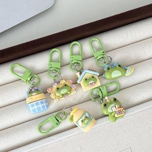6PCS Cartoon Resin Frog Key Chains Cute House Vase Photo Frame Frog Pendant Car Key Ring Backpack Charms Bag Decor Accessory