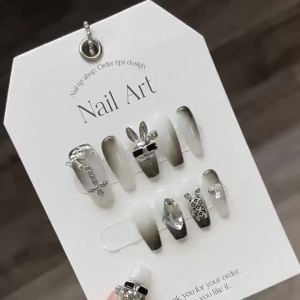 [HANDMADE]Artificial Nail Blush Glitter Diamond Butterfly Ice Nude Pearl Glitter Powder Phototpy Nails Reusable and Removable Nails