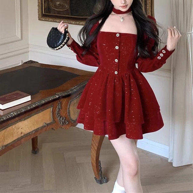 casual red dress for christmas Dress Lazada Red Birthday Fairy Mini Fitted Dress Woman Bodycon Casual Dress Plus Size Xxl Sexy Square Neck Dress Slight Stretch Polyester Dress Long Sleeve Party Dress Christmas Dress