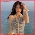 bikini top summer Striped Knitted Sleeveless tank top Halter Lapel backless Top. 