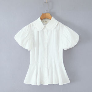 2025 Stylish White Wood ears Peter Pan Collar Short Puff Sleeve Shirt Women Slim Waist Swing Hem Open Buttons Blouse Girls Tops2026