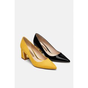 Sepatu Wanita ZR-141 Block Heel Pump Sepatu Wanita Hak Blok Sepatu Wanita Kulit Pu Sepatu Hak Tinggi 6Cm Sepatu Wanita Pointed Toe Sepatu Wanita Warna Kuning Dan Hitam - Lazada