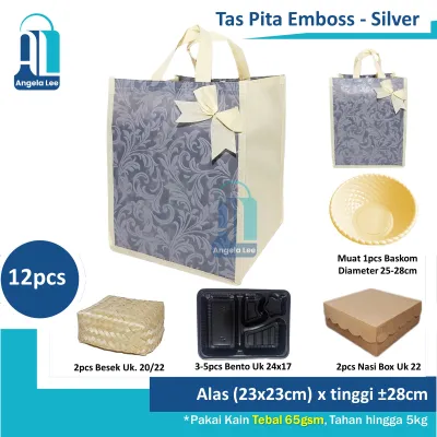 12pcs Tas Kain Emboss Serut Pita Motif Mewah Berkatan Hajatan 22x22cm Souvenir Acara Parcel Hampers Polos Premium Murah