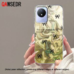 QAWSEDR Case for Vivo Y02 Y02A Y02T V2254 INS Black Bow Water Waves Laser Dazzling Colors IMD Light Luxury Soft Phone Casing