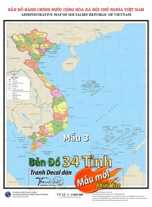 Mẫu 3 Hot! Tranh Decal Bản Đồ Hành Chính Việt Nam 34 tỉnh thành (sẵn keo lột dán)
