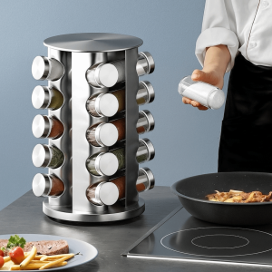 AUTOCARE X with Glass Bottle Rotating Spice Rack Multi Layer Round Steel Seasoning Holder Silver Stainless Steel Spice Jar Storage Storage Set Kitchen Countertop