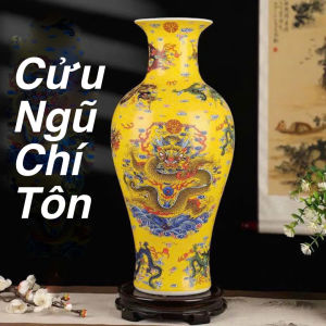 BÌNH HOA RỒNG VÀNG CỬU NGŨ CHÍ TÔN CAO 36cm GỐM SỨ GIẢ CỔ TẶNG ĐẾ GỖ