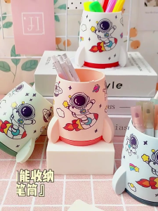 Cartoon Cute Astronaut Rocket Student Pen Holder Children Stationery Storage Box Makeup Brush Holder Desk Storage
